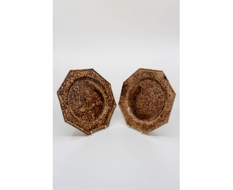 Two Whieldon octagonal plates, circa 1740, speckled brown with gadrooned borders (2) Size 21.5cm. diameter.