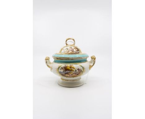 A Derby sauce tureen with hand painted scenes of Germany and Worcester with gold and turquoise finish, circa 1780, height 16 