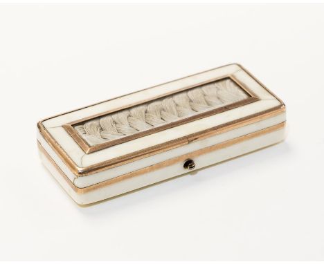 A 19th Century ivory patch box, of rectangular form, the hinged lid set with a plaited lock of hair, mirror interior, width 6