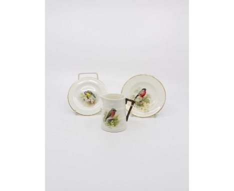 Royal Worcester Chaffinch jug, indistinct signature, Royal Worcester Blue Tit plate, signed Powell, with Bullfinch plate, als