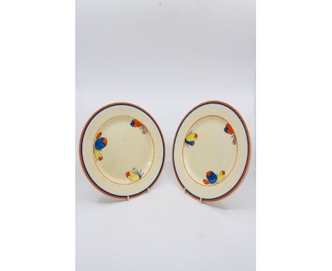 Clarice Cliff for Wilkinson, two 'Flora' dinner plates (2).Size 25cm. diameter.Condition; Several chips to rims on both plate