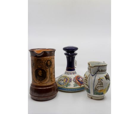 Nelson Interest: An early 19th century pearl ware commemorative jug depicting busts of Admiral Nelson and Captain Berry, reli