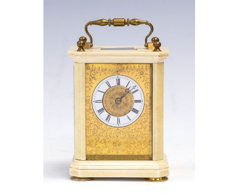 Valery, Paris, a late 19th Century Valery of Paris carriage clock, ivory corniche case with visible escapement, enamel Roman 