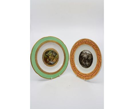 Three Derby cabinet plates with painted scenes of 'Near Lancaster Sands' No.312,view near Matlock. No.321,other not  titled. 