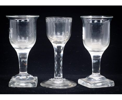 An 18th century facet stem wine glass, the ogee&nbsp;bowl with lens and star cut border to the rim, conical&nbsp;foot, 13cm h