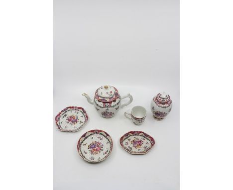 An 18th century Chinese Qianlong (1735-1799) Export famille rose tea wares including teapot, caddy, cup, saucer, small tray e