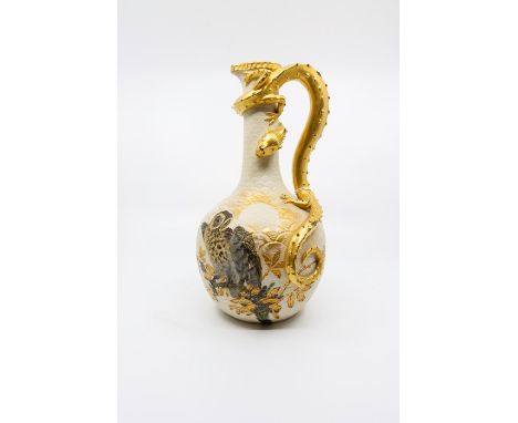 A Royal Worcester bulbous vase, the narrow neck entwined with a gold enamelled Dragon, the bulbous body of the vase having ha