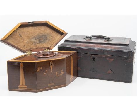 A hexagonal tea caddy with inlay design to lid, parquetry design to front face and a jewellery box with inlay design&nbsp;