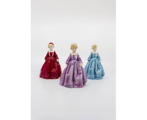 Three Royal Worcester Freda Doughty figures of 'Grandmothers Dress', Ref 3081, in differing colours.