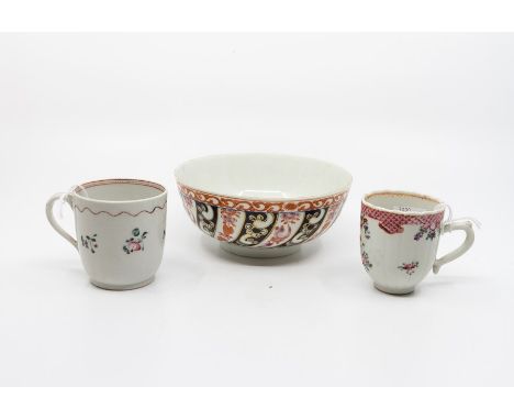 A Worcester slop bowl.  Queen Charlotte pattern, c1790.  Blue frett mark.  Along with two 18th century polychrome coffee cups
