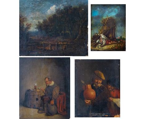 Manner of David Teniers the younger, a peasant with a flagon, oil on panel, 21.5 by 17.5cm; another of a peasant with a clay 