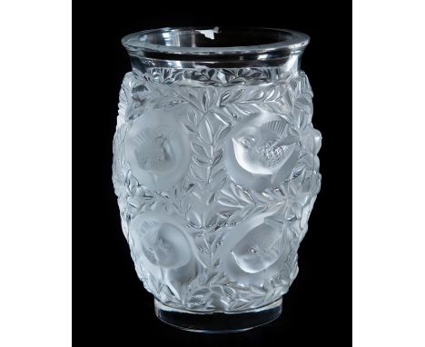 A Lalique clear bagatelle vase with birds amongst foliage, etched to base ‘Lalique, France A77A’, height 17 cms, diameter 11 