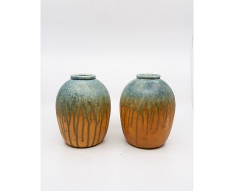 William Howson Taylor for Ruskin, a pair of crystalline ovoid vases, 1932, blue draining o orange, incised signature and impr