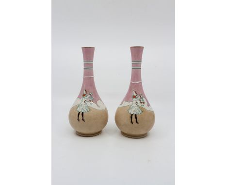 A pair of Ault of Swadlincote baluster vases printed with Pierrots.Size 24cm. high.Condition; Some nibbles to foot rim and cr