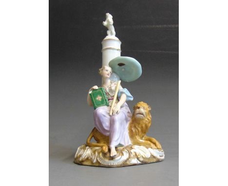 A Meissen Allegory figure of ‘Peace’, a maiden sitting  on a lion with a book in her hand in front of a pedestal with a lion 