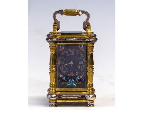 A late 19th Century French miniature carriage clock, brass and silvered corniche case with enamelled side panels of fairies a