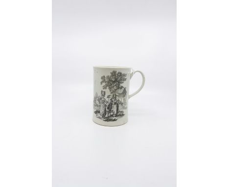 A Worcester black transfer printed mug, Milkmaids and May Day to each side, unmarked, 15cm high. Condition: cracked and resto