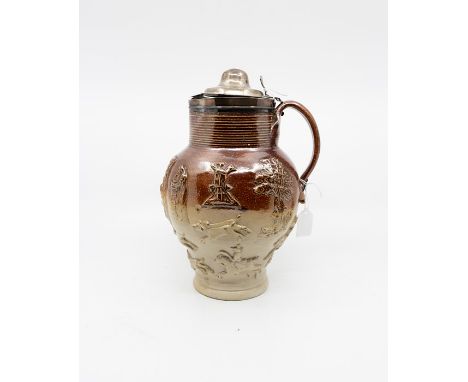 George III silver mounted and lidded stoneware flagon, Windmill, hunting, biblical etc scenes, George III import mark, no ass
