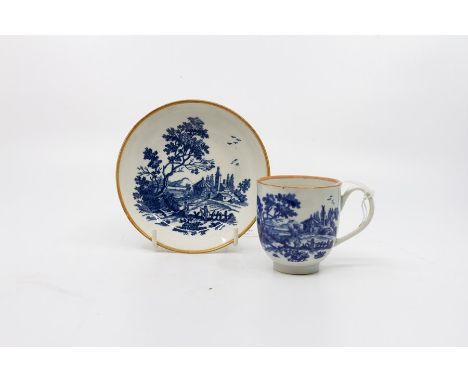 A Worcester blue and white coffee cup and saucer, 'European Landscape' pattern, circa 1775-85, crescent mark, cup 6cm diamete