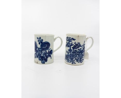A first period Worcester, blue and white mug circa 1770 together with another similar, both with some damage (2)