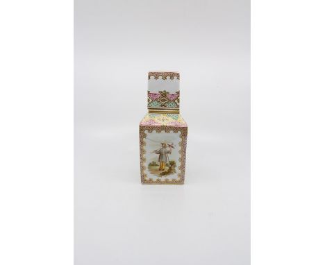 A famille rose tea caddy, of rectangular form, probably painted in Europe, the main body with four painted scenes of male and