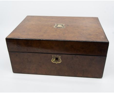 A 19th Century Jewellery box, burr walnut veneer with mother of pearl cartouche, 3 lined lift out draws. 