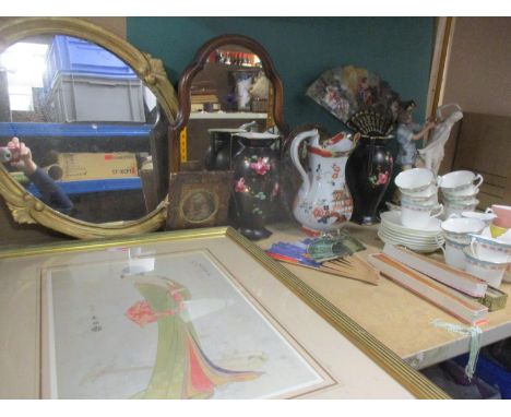 A pair of vintage Keele vases and mixed ceramics to include part tea sets, mirrors, and fans 