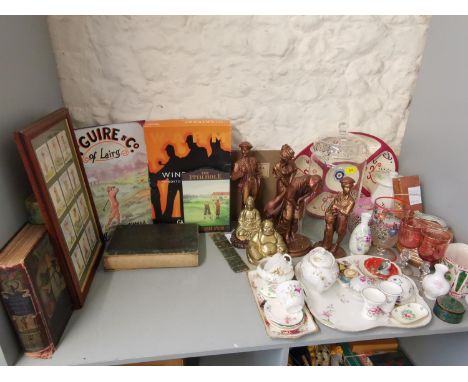 A mixed lot to include golf related items, mixed dressing table trinkets, mixed ceramics and glass, antiquarian books, a vint
