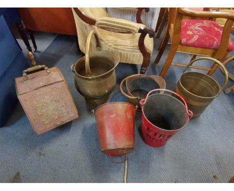 Copper and brass coal scuttles, one with maker's mark, together with two vintage fire buckets Location: CB 
