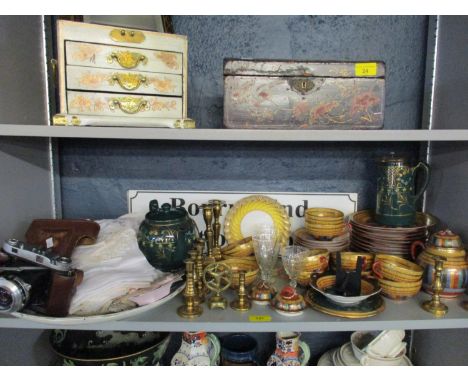 A mixed lot to include a Japanese tea set a camera, linen, brass candlesticks and other itemsLocation: 5:2 