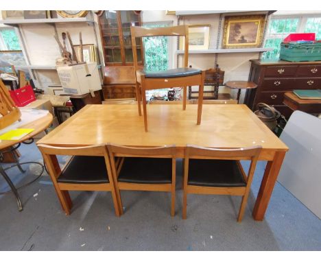 A set of seven teak dining chairs, together with a light oak dining table 75cm x 183cm w x 82cm d Location: LAM 
