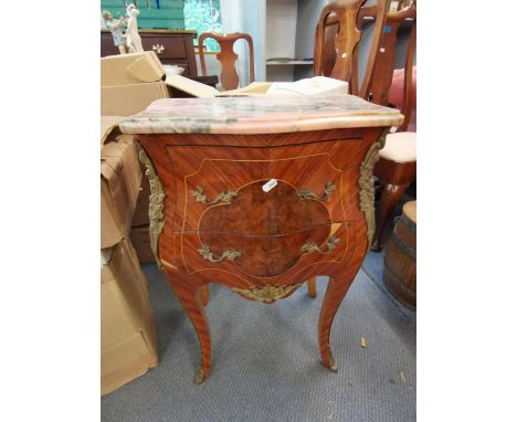 A Louis XV style walnut bedside commode, with marble top above two drawers, raised on cabriole legs, 72 h x 48 w x 34cm d 