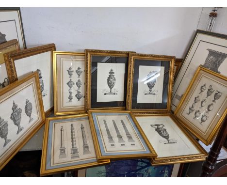 Fourteen architectural style prints of columns, urns, each framed and glazed, various sizes 