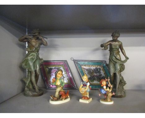 A mixed lot comprising three Goebel figures A/F (damage to the umbrella), a pair of 20th century spelter figures of Improvisa