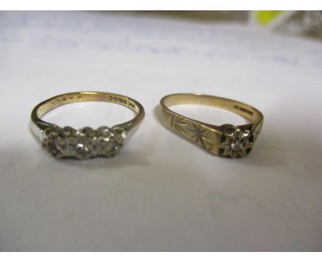 Two diamond rings, one an 18ct and 3-stone ring size K, and the other a 9ct solitaire ring size O, total weight 4.4g Location