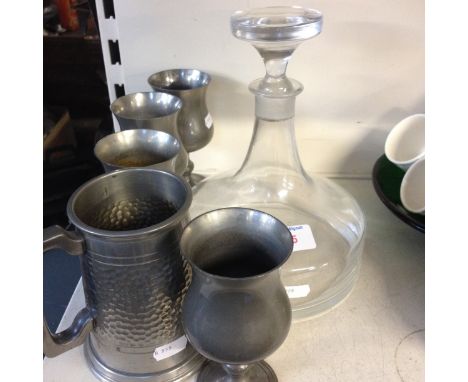 DECANTER AND SOME PEWTER. G3