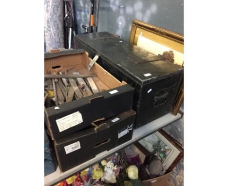 WOODEN TOOL BOX AND TWO BOXES OF TOOLS