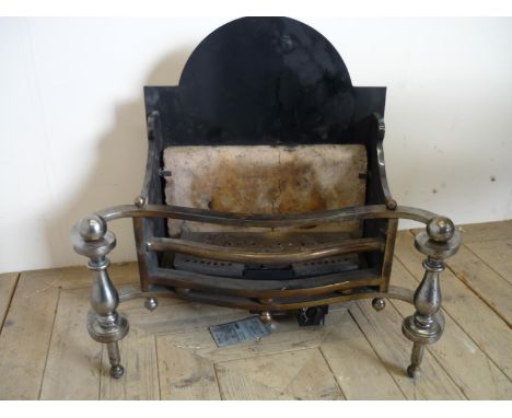 Early 19th C style cast metal and polished steel fire grate with scroll work dogs and gas burner fittings (width 61cm) 