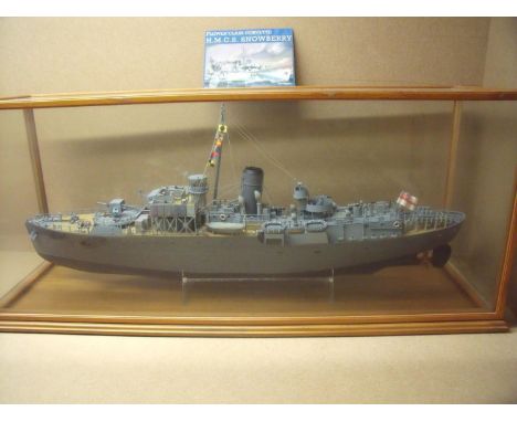 Glazed and cased scale model of Flower Class Corvette H.M.C.S Snowberry (92cm x 29cm x 39cm) 