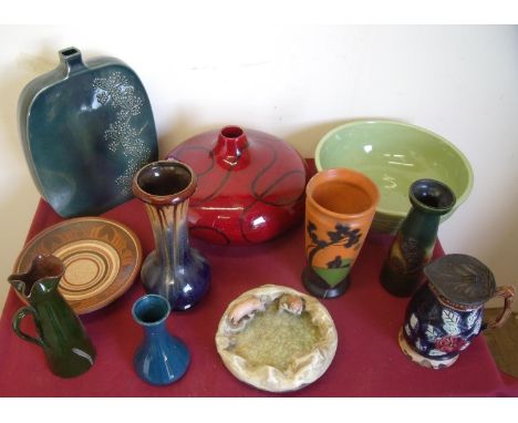 Box containing a large selection of various assorted Studio pottery including large red flambé type squat vase, a square shap