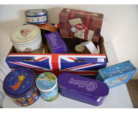 Large selection of various assorted biscuit and other branded advertising tins including Cadburys, Travel Trunk Biscuit Box, 
