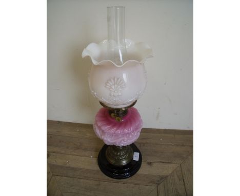 Victorian oil lamp with opaque glass shade and coloured glass reservoir on turned base (58cm high) 