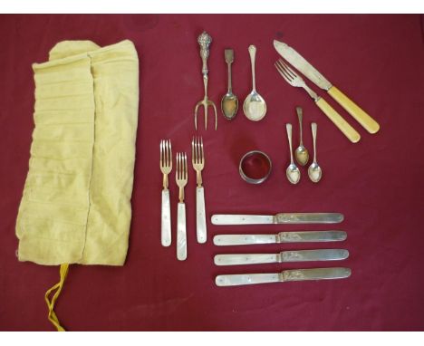 Four Sheffield silver hallmark bladed knives with Mother of Pearl grips and three matching forks, another silver hallmarked f