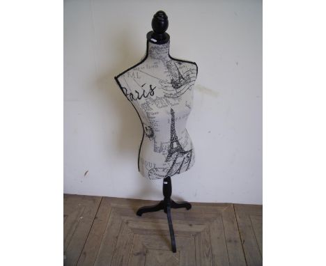 Modern tailors dummy female mannequin on ebonised frame, upholstered in French style fabric (height 130cm) 