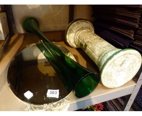 Ceramic jardiniere pedestal, tall florish vase and a vintage oval mirror 