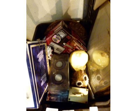 Box of mixed items including pencil drawing and a glass chess set 