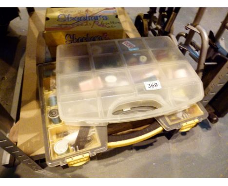Vintage wooden sewing box and two boxes of sewing cottons 