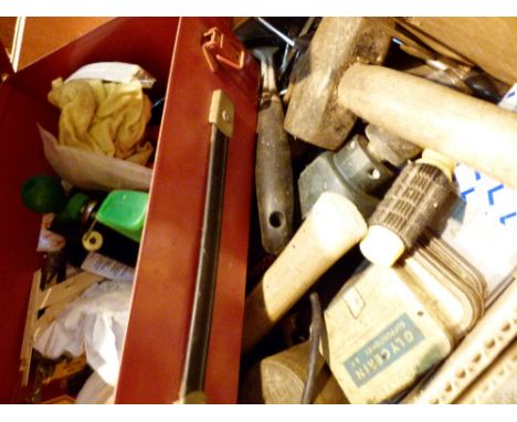 Box of tools including a red metal tool box 