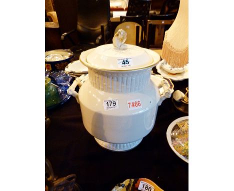Victorian storage pot with stylised bamboo modelled handles and finial, finial reglued