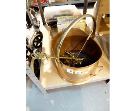 Copper coal scuttle and brass fireside tools 